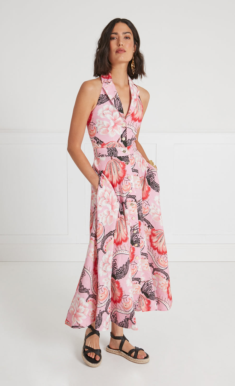 Olive Print Halter Dress - Indian Pink