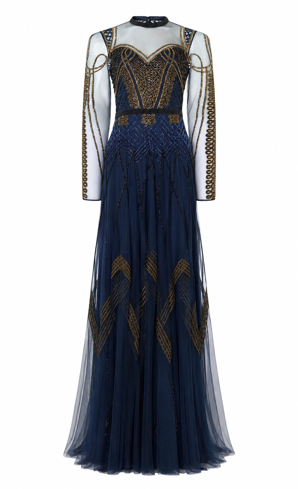 sapphire and gold dress Persephone Sleeved Full-Length Gown Color:Naval Buy Navy Blue Jersey while sapphire embellishments create length-Tall