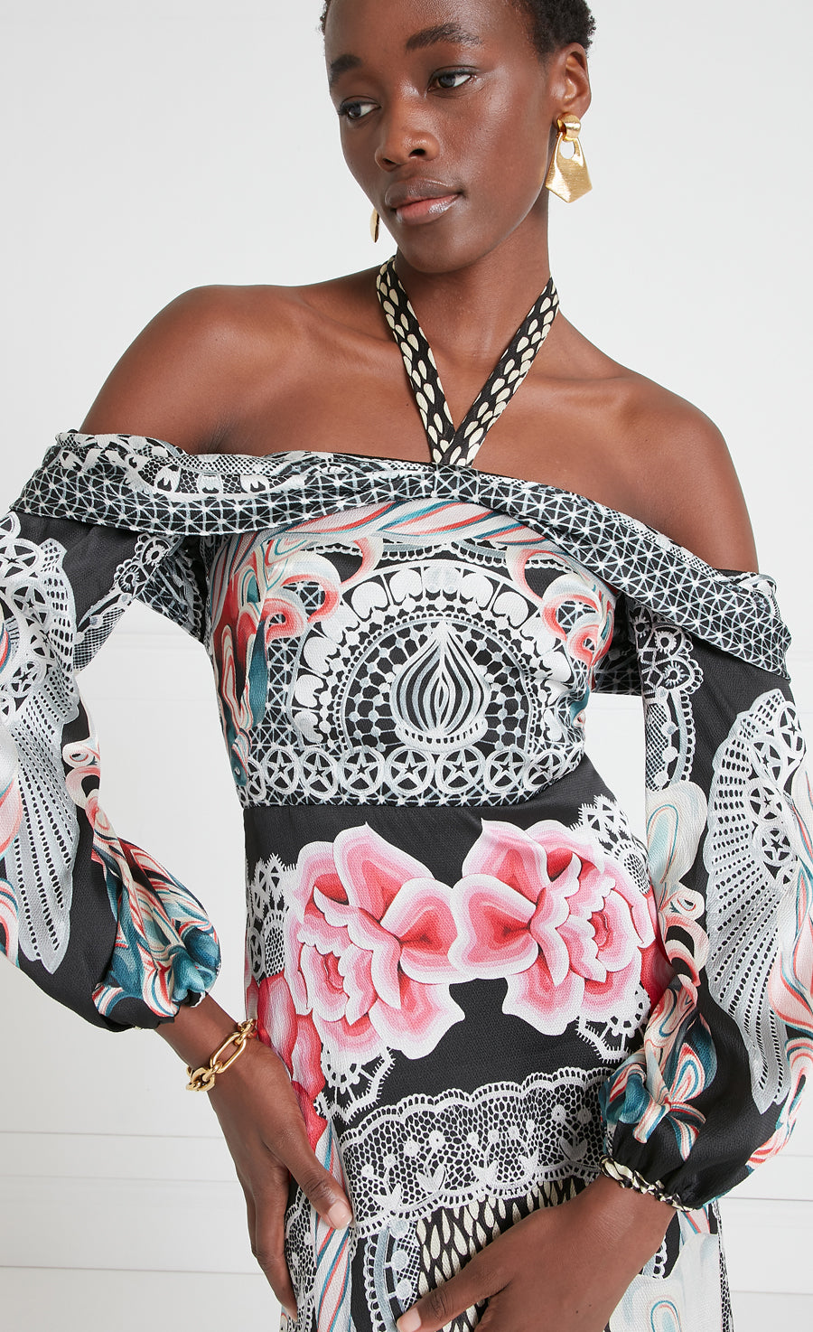 Cici Print Halter Dress - Black