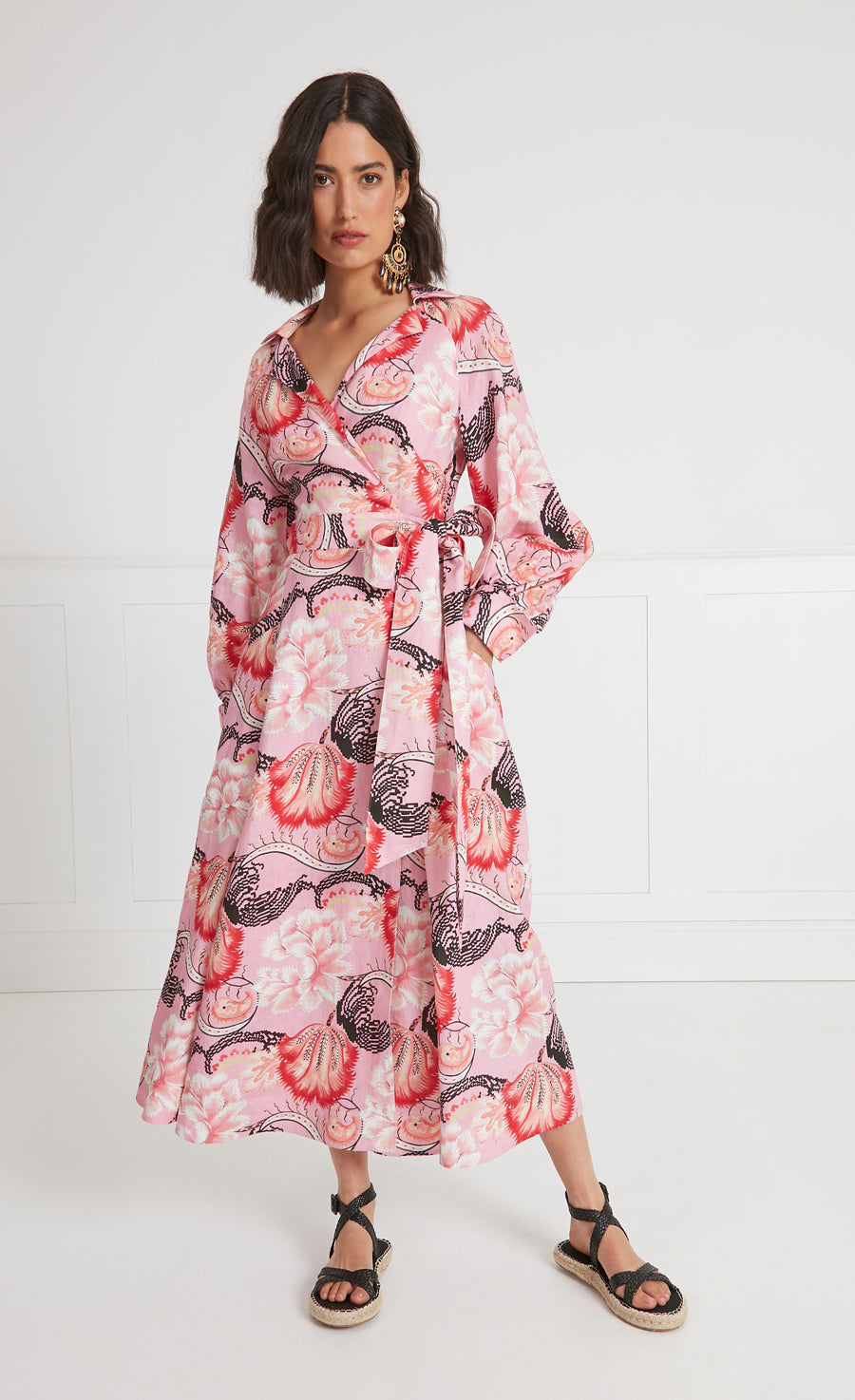 Olive Print Wrap Dress - Indian Pink