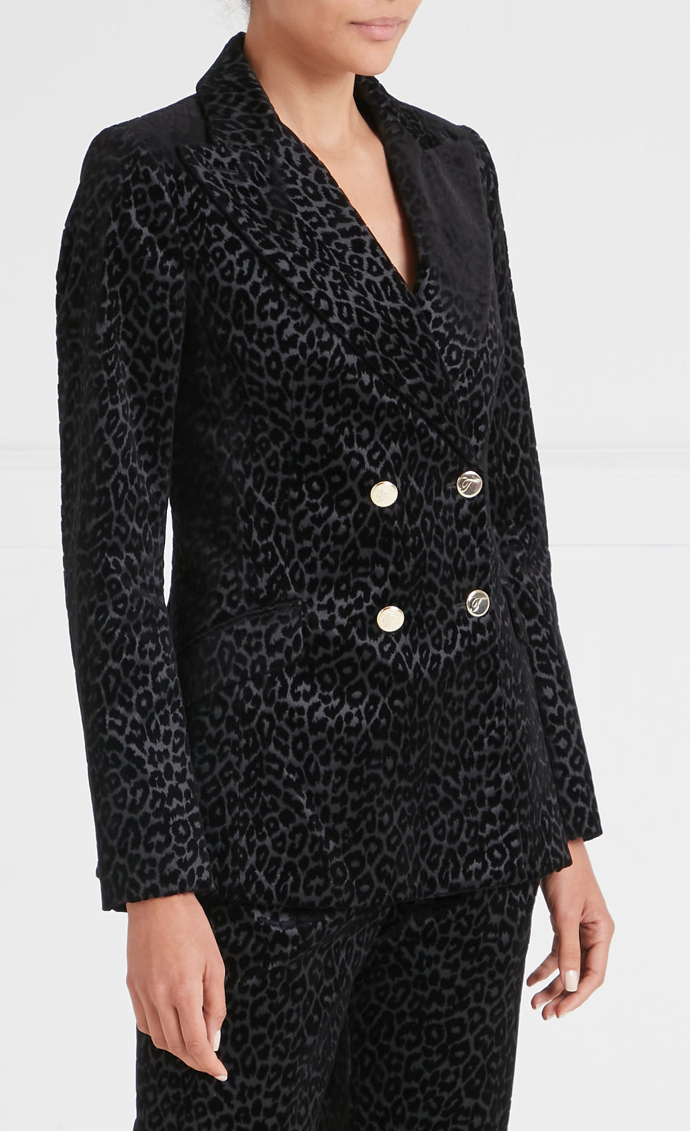 Lynx Velvet Double-Breasted Jacket - Black Tonal Leopard