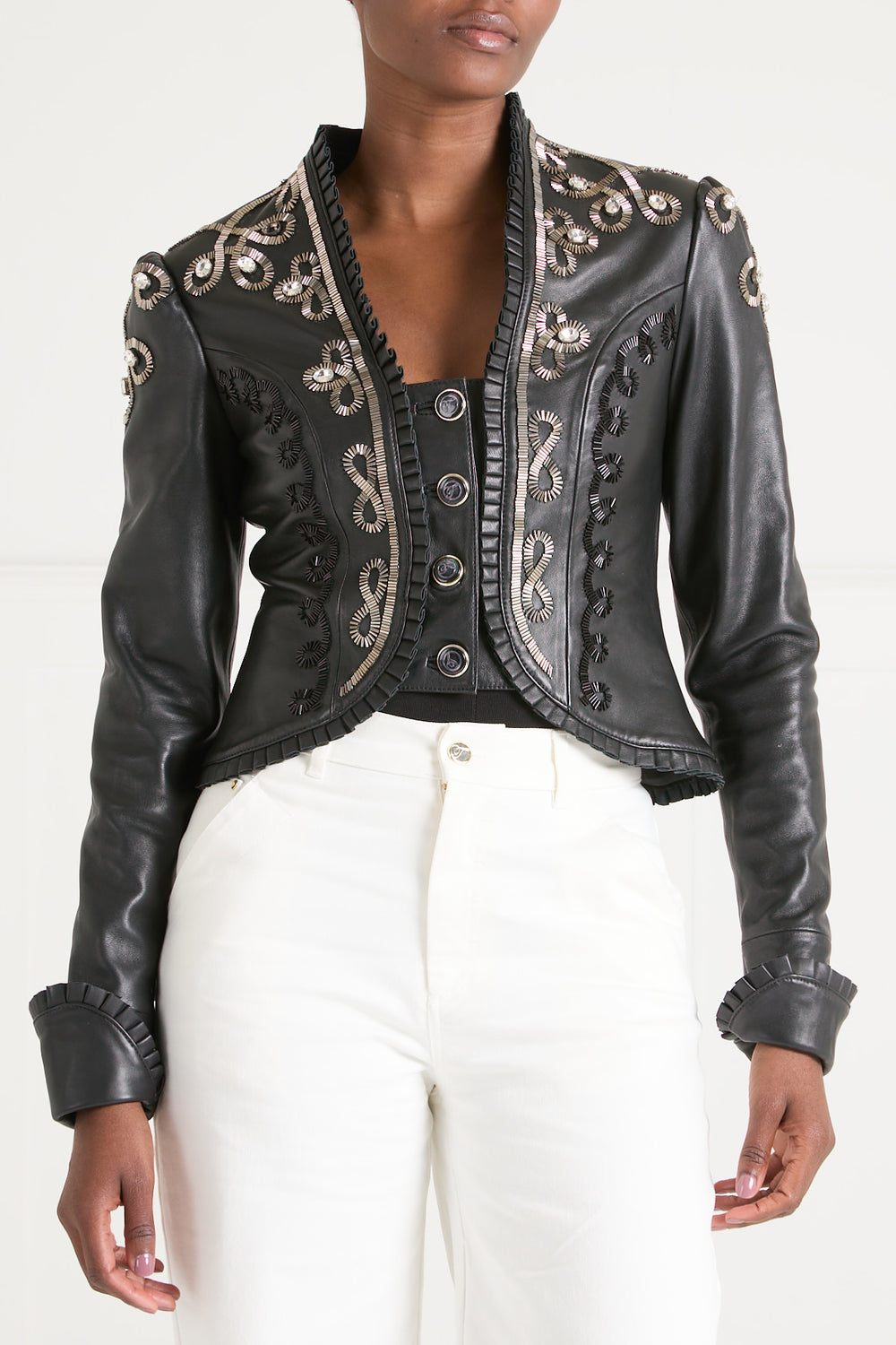 Balthazar Leather Embroidery Jacket - Black