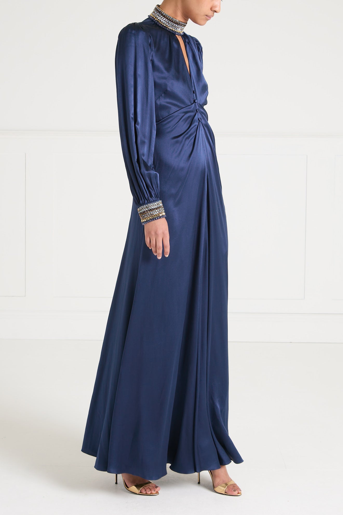 シルク サテンプリーツ 七分袖ドレスワンピース　Temperley London Beatrice Sleeved Gown - Sapphire Blue | Dresses & Jumpsuits