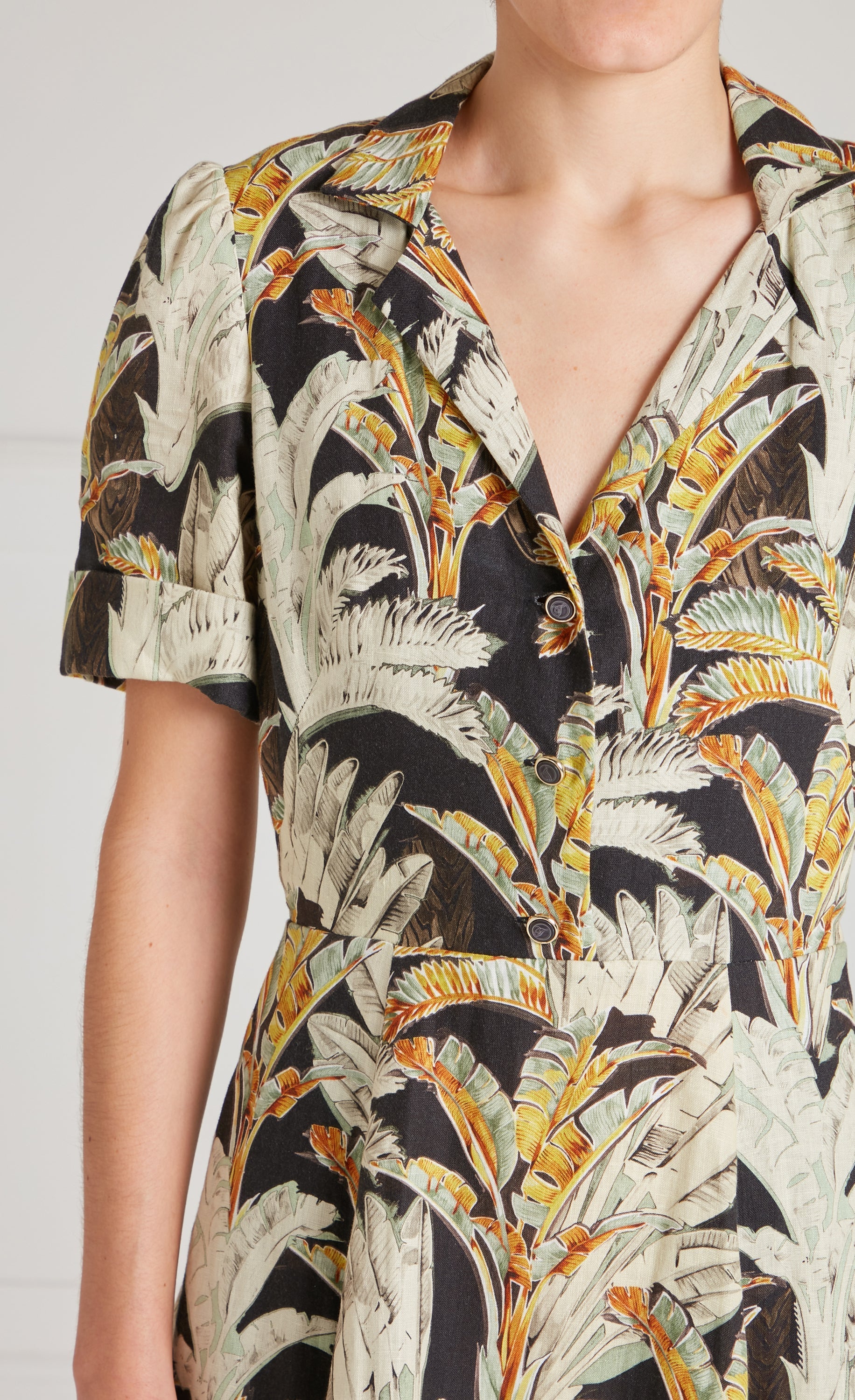 Baxter Linen Sleeved Dress - Black/Khaki